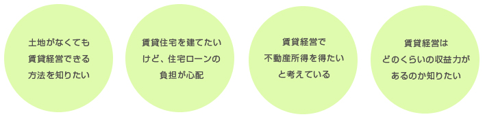 土地がなくても賃貸経営できる方法を知りたい
賃貸住宅を建てたいけど、住宅ローンの負担が心配
賃貸経営で不動産所得を得たいと考えている
賃貸経営はどのくらいの収益力があるのか知りたい